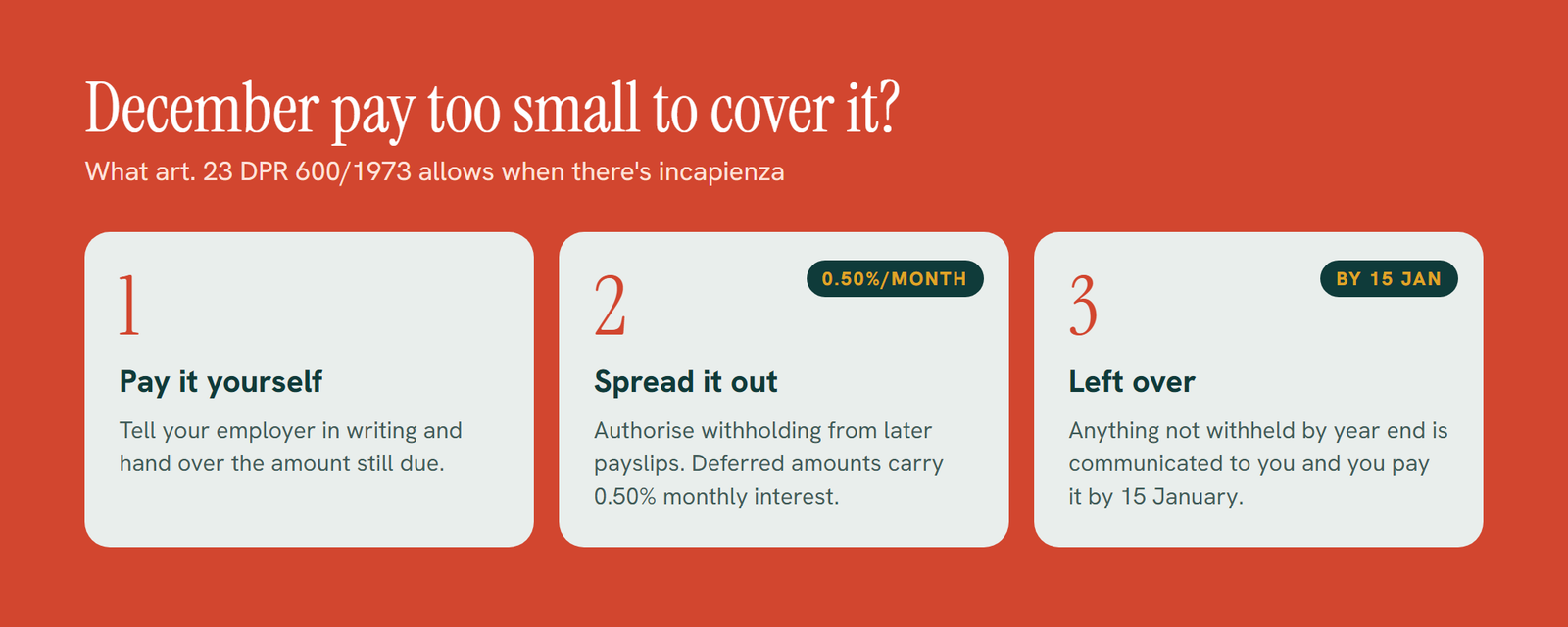 If the conguaglio is bigger than your December pay: pay it directly, or spread it over later payslips at 0.50 percent interest a month; anything left unrecovered must be paid by 15 January